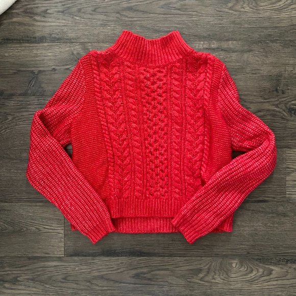 LOFT Bright Red Mock Neck Cable Knit Sweater - Classy Christmas Sweater - Picture 1 of 4